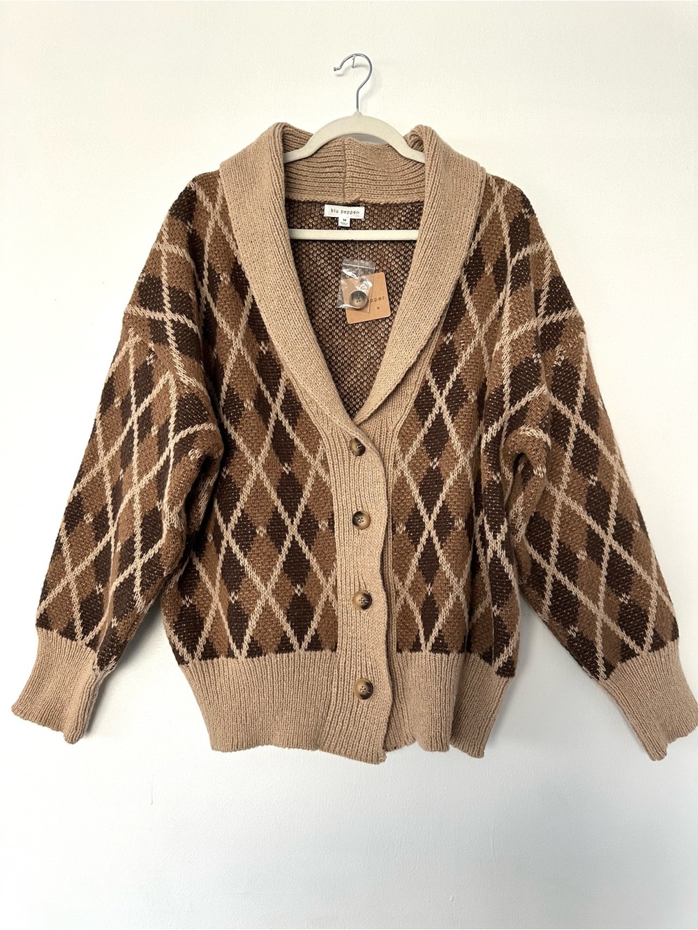 *NWT* BLU PEPPER Argyle Print Button Front Cardigan